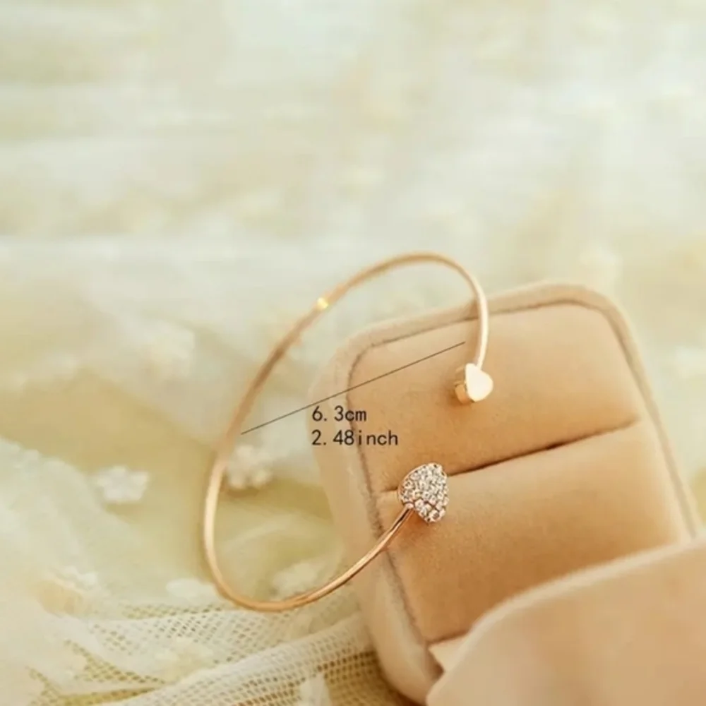 14K‎ Gold Plated Double Heart Open Bangle Bracelet Inlaid with Shiny Rhinestones